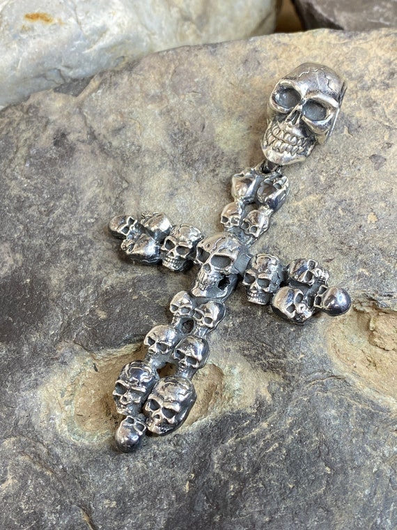 Sterling Silver Gothic Skull Cross Pendant Crown … - image 2