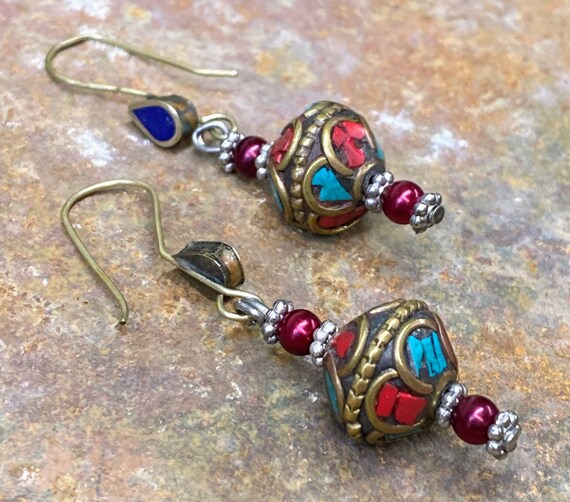 Native American Mosaic Inlay Multi-Color 2" Dangl… - image 1