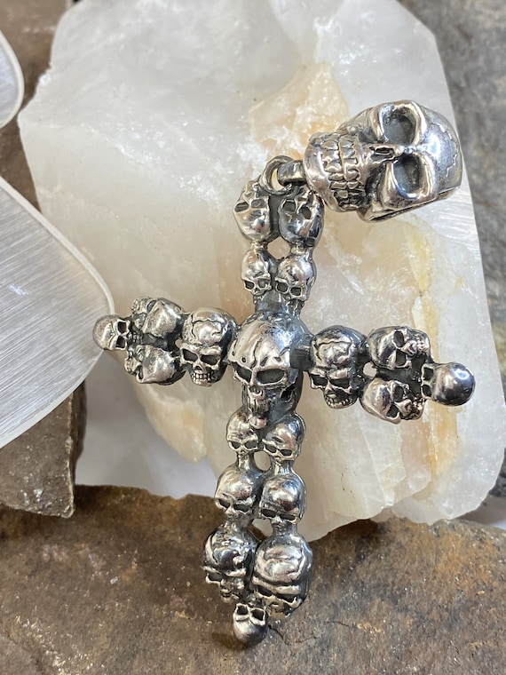 Sterling Silver Gothic Skull Cross Pendant Crown … - image 1