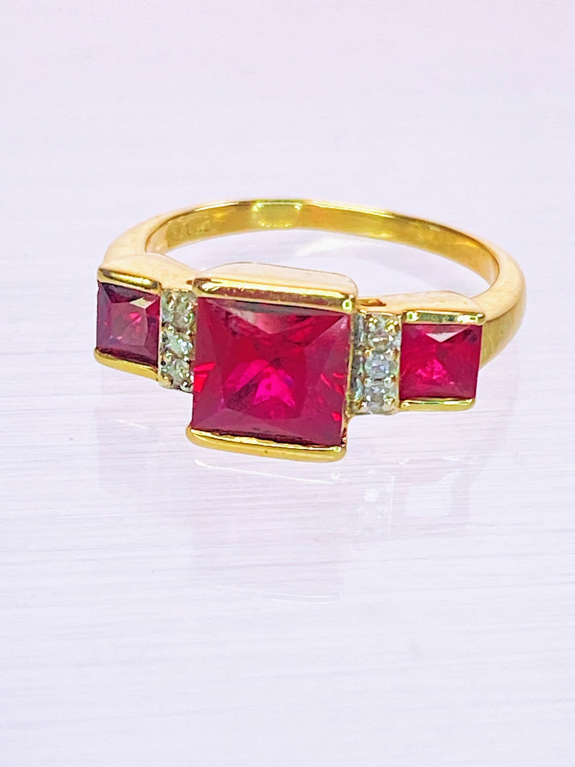 10K Yellow Gold 3 Carat Lab Princess Cut Ruby & Diamond 3 Stone Square ...