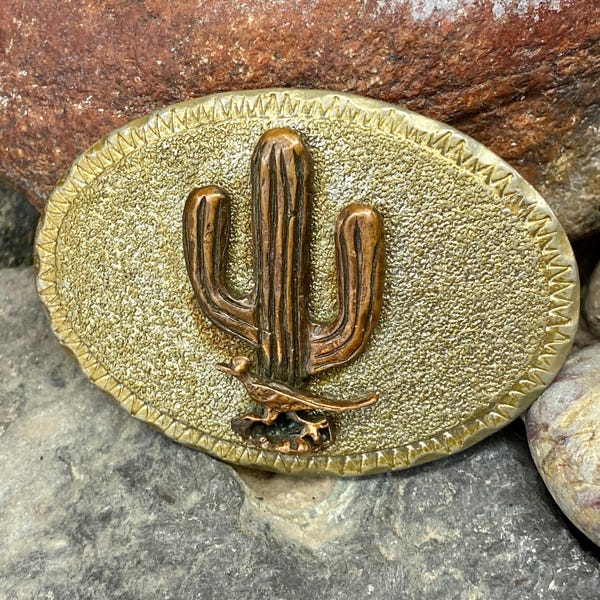 Vintage Western Saguaro Cactus Belt Buckle with Sand Texture & Road Runner 3 1/2" x 2 1/2"