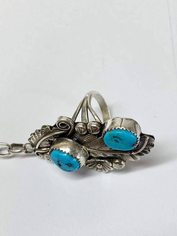 Navajo Running Bear Sterling Turquoise Hand Chain Bracelet Ring