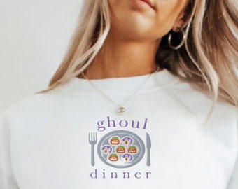 Embroidered  Halloween Cookies Ghoul Dinner Sweatshirt, Embroidered Ghoul Dinner Sweatshirt, Trendy Embroidered Halloween Cookie Sweatshirt