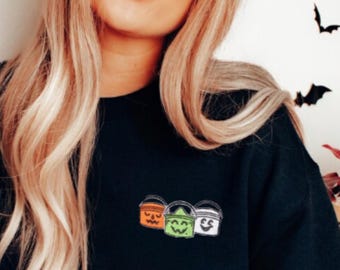 Moletom bordado de Halloween com estampa de balde, Moletom Boo com estampa de balde, Halloween nostálgico, Camisa vintage de Halloween, Gola redonda bordada com estampa de balde
