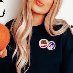 Halloween Sugar Cookie Embroidered Unisex Crewneck Sweatshirt, Halloween Sweatshirt, Halloween Embroidered Sweatshirt, Halloween Cookie