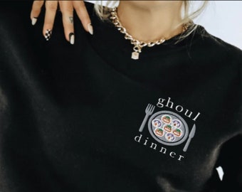 Embroidered Ghoul Dinner Sweatshirt, Embroidered Girl Dinner, Embroidered Halloween Cookie Sweatshirt, Trendy Halloween Cookies Sweatshirt