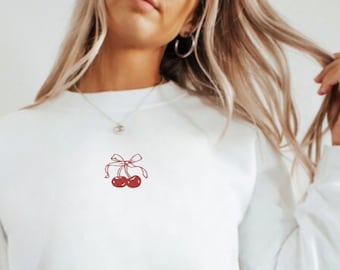 Embroidered Cherry Bow Sweatshirt, Embroidered Coquette Cherry Sweatshirt, Embroidered Cherry Crewneck, Coquette Aesthetic Sweatshirt