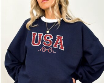 Embroidered USA Sweatshirt, Embroidered United States Crewneck, Embroidered America Sweatshirt, Patriotic Embroidered, Coquette USA