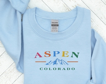 Embroidered Aspen Colorado Sweatshirt, Embroidered Aspen Mountain Crewneck, Embroidered Colorado Sweatshirt, Rainbow Aspen Sweatshirt