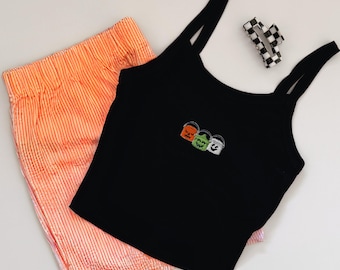 Bijgesneden tanktop met geborduurde Halloween-emmer, geborduurde Summerween-tanktop, geborduurde babytanktop Halloween Ghost, emmer geborduurde baby