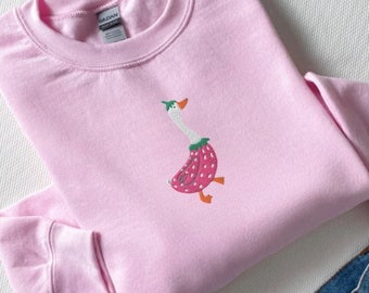 Embroidered Strawberry Goose Sweatshirt, Embroidered Silly Goose, Berry Silly, Embroidered Strawberry Sweatshirt, Feelin Berry Silly Shirt