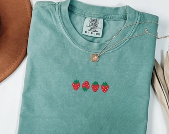 Embroidered Strawberry Comfort Colors T-Shirt, Fruit Tee