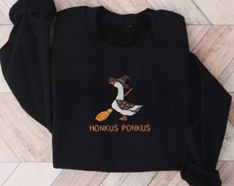 Embroidered Honkus Ponkus Goose Sweatshirt, Embroidered Spooky Goose, Halloween Goose Sweatshirt, Witch Goose Sweatshirt, Embroidered Goose