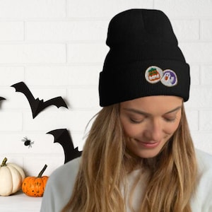 Embroidered Halloween Cookie Beanie, Embroidered Halloween Beanie, Embroidered Halloween Hat, Embroidered Pumpkin Beanie, Halloween Cap