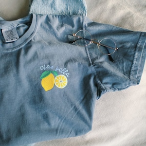 Embroidered Lemon Comfort Colors Shirt, Embroidered Positano Shirt, Embroidered Fruit, Embroidered Comfort Colors, Granola Girl Aesthetic