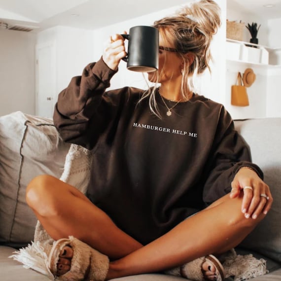 Embroidered Hamburger Help Me Sweatshirt, Funny Embroidered Crewneck, Sarcastic Embroidered Sweatshirt, Embroidered Meme Sweatshirt, Viral