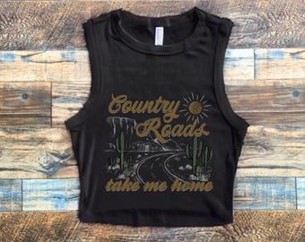 Country Roads Stil der 90er Jahre Kurz geschnittenes Tank Top, Westästhetik Kurz geschnittenes Tank Top Country Konzertbekleidung Outfit für das Country Festival der 90er Jahre Western