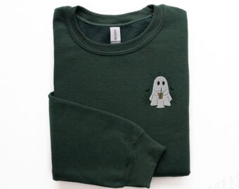 Sudadera fantasma bordada, Café fantasma bordado, Suéter fantasma, Fantasma con café, Cuello redondo de Halloween bordado, Suéter de Halloween