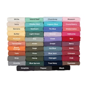 May include: A color chart featuring a variety of fabric swatches in a range of hues. Colors include white, ivory, banana, butter, mustard, terracotta, burnt orange, yam, grey, granite, island reef, chalky mint, seafoam, light green, bay, khaki, sage, moss, hemp, blue spruce, chambray, lagoon blue, flo blue, orchid, violet, grape, ice blue, blue jean, midnight, true navy, blossom, crunchberry, watermelon, heliconia, red, berry, brick, crimson, chili, espresso, graphite, pepper, and black.