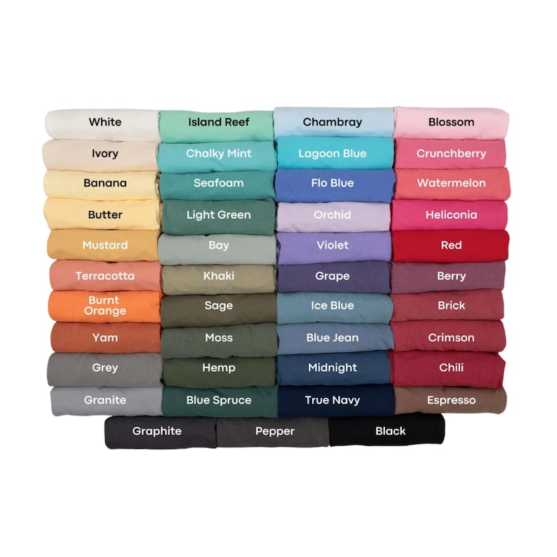 May include: A color chart featuring a variety of fabric swatches in a range of hues. Colors include white, ivory, banana, butter, mustard, terracotta, burnt orange, yam, grey, granite, island reef, chalky mint, seafoam, light green, bay, khaki, sage, moss, hemp, blue spruce, chambray, lagoon blue, flo blue, orchid, violet, grape, ice blue, blue jean, midnight, true navy, blossom, crunchberry, watermelon, heliconia, red, berry, brick, crimson, chili, espresso, graphite, pepper, and black.