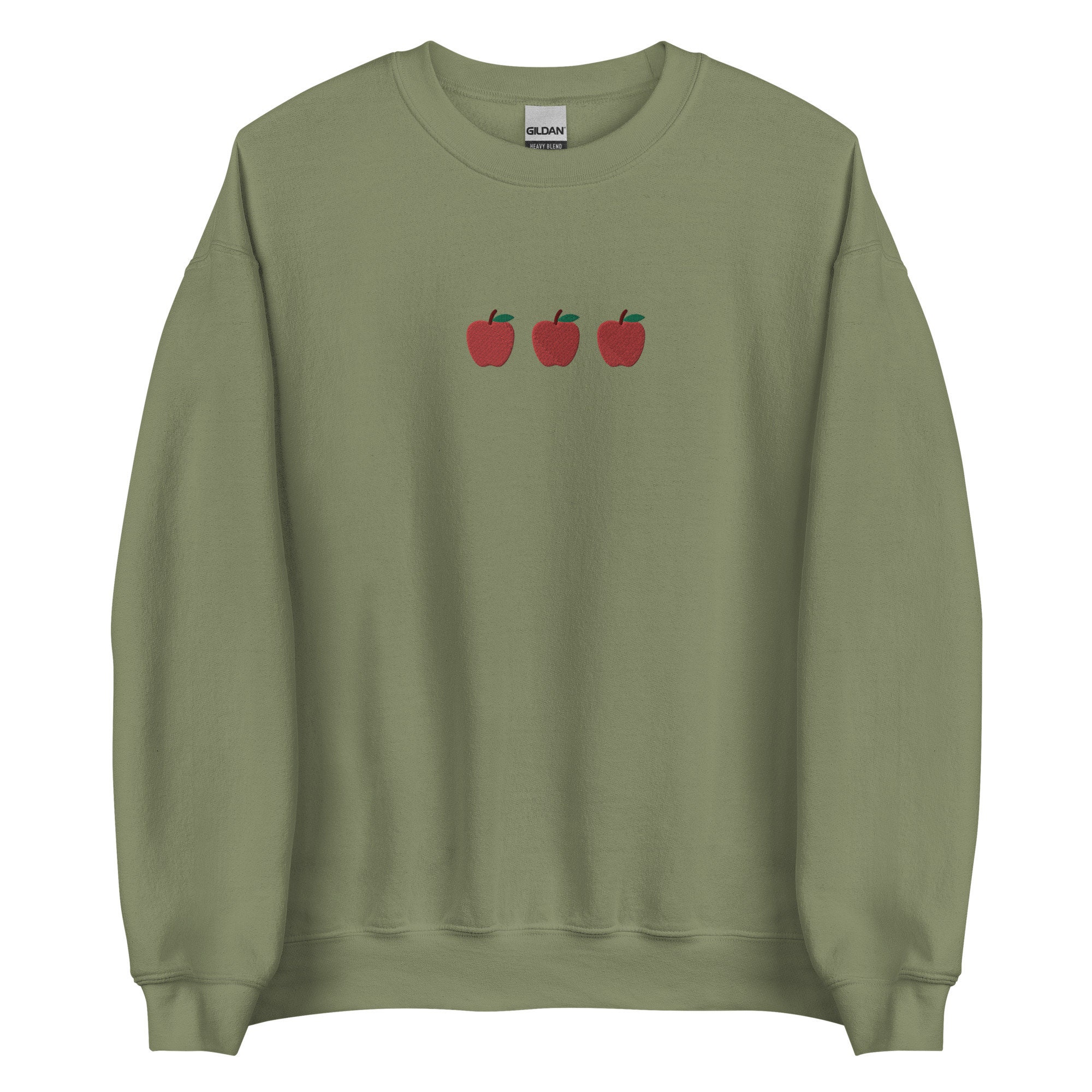 [GRAVER]★SLEEVE GREEN APPLE EMBROIDERY SMILE SWEATSHIRT Embroidered Apple Sweatshirt, Embroidered Teacher Crewneck