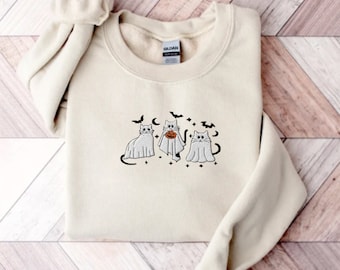 Embroidered Ghost Cat Sweatshirt, Embroidered Halloween Cat Sweatshirt, Embroidered Cat Pumpkin, Embroidered Spooky Cat, Black Cat Sweater