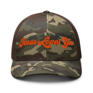Embroidered Jesus Loves You Camouflage trucker hat, Embroidered Christian Camo Trucker Hat, Jesus Loves You Hat, Trendy Christian Apparel