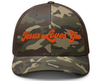 Embroidered Jesus Loves You Camouflage trucker hat, Embroidered Christian Camo Trucker Hat, Jesus Loves You Hat, Trendy Christian Apparel