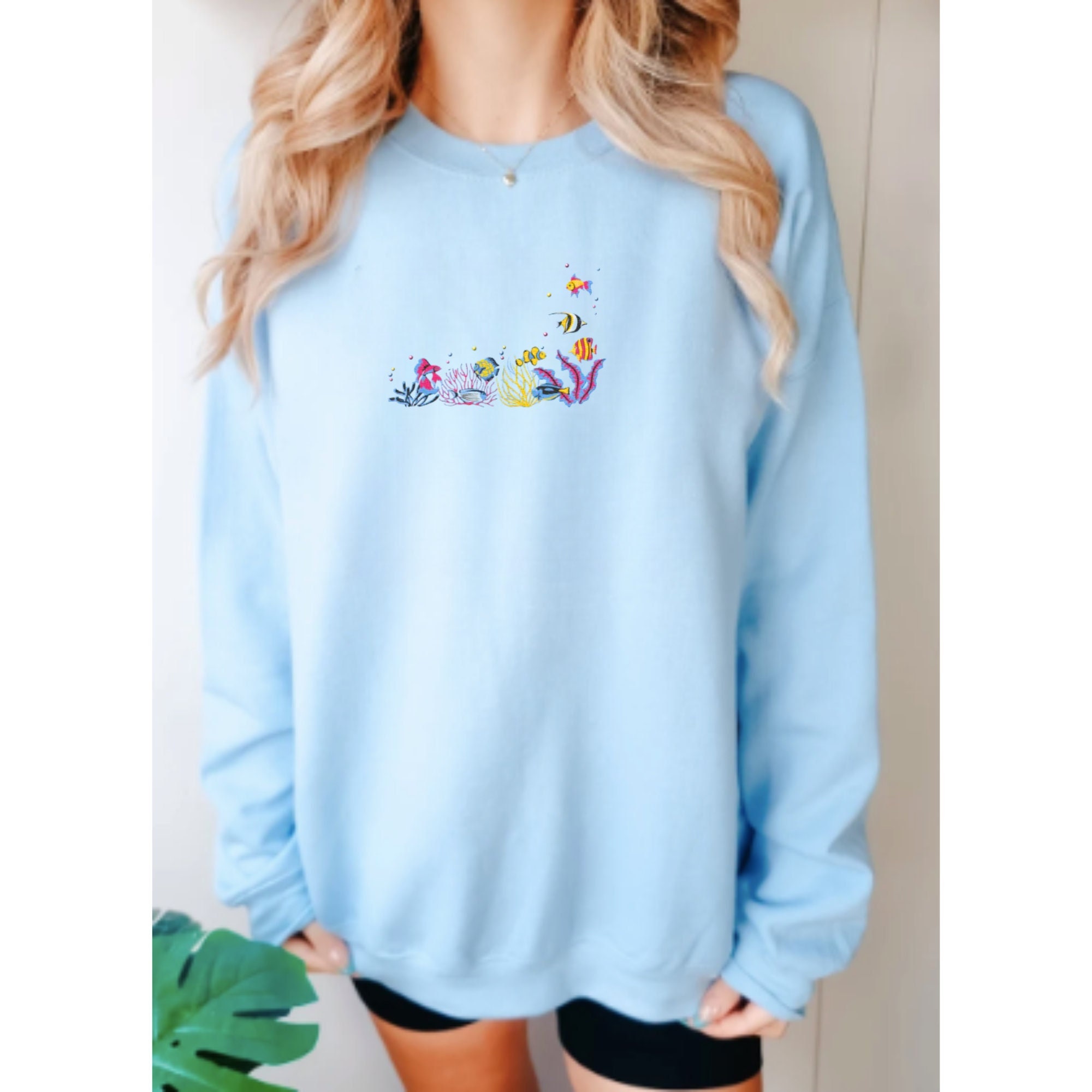 Embroidered Ocean Sweatshirt, Embroidered Coral Reef Embroidered Ocean Sweatshirt, Embroidered Coral Reef