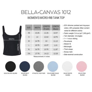 May include: Black micro-rib tank top with size and measurement details in inches. The image also shows color options: solid black, navy, athletic heather, baby blue, white, and pink. The tank top is made of cotton and polyester.