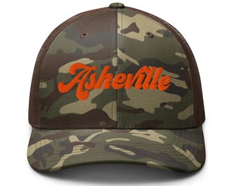 Boné de caminhoneiro bordado Asheville Camouflage, Asheville bordado, Boné de caminhoneiro NC Camo, Despedida de solteiro em Asheville, Despedida de solteira em Asheville