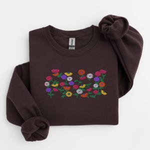 Embroidered Floral Piano Sweatshirt, Embroidered Floral Crewneck, Brown Embroidered Sweatshirt, Embroidered Flower Piano Sweatshirt