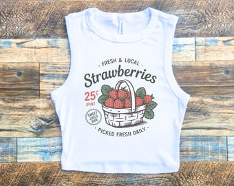 Fresh Strawberries Cropped Tank Top, 90s Aesthetic Cropped Strawberry Tank, Summer Fruit Tank, Strawberry Apparel, Fruit Tank Top for Summer