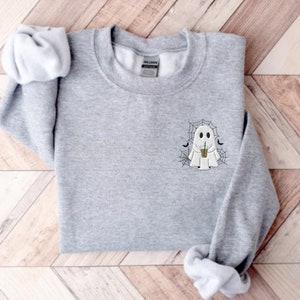 Embroidered Ghost Sweatshirt, Embroidered Ghost Coffee, Ghost Sweater, Ghost With Coffee, Embroidered Halloween Crewneck, Halloween Sweater