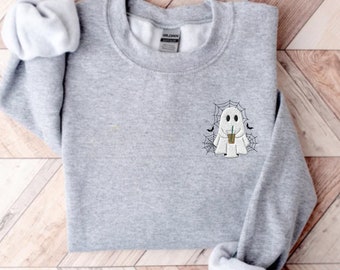 Sudadera fantasma bordada, Café fantasma bordado, Suéter fantasma, Fantasma con café, Cuello redondo de Halloween bordado, Suéter de Halloween