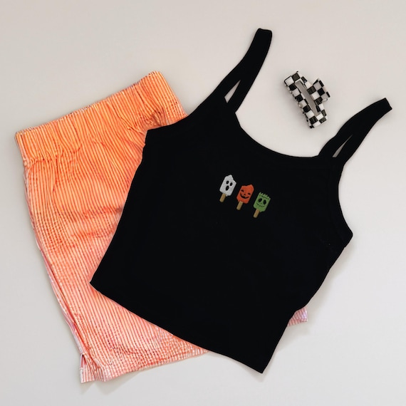 Embroidered Halloween Popsicle Cropped Tank Top, Summerween Embroidered Ghost Tank, Y2K Halloween Icecream Embroidered Tank Top, Ghost Pop