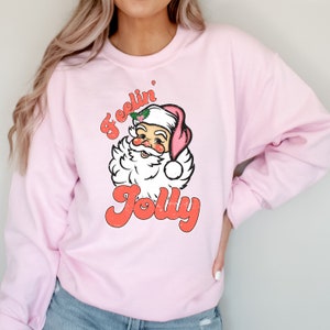 Vintage Retro Christmas Santa Feelin&#39; Jolly Unisex Sweatshirt, Pink Santa Crewneck, Retro Christmas Sweatshirt, Vintage Christmas Crewneck
