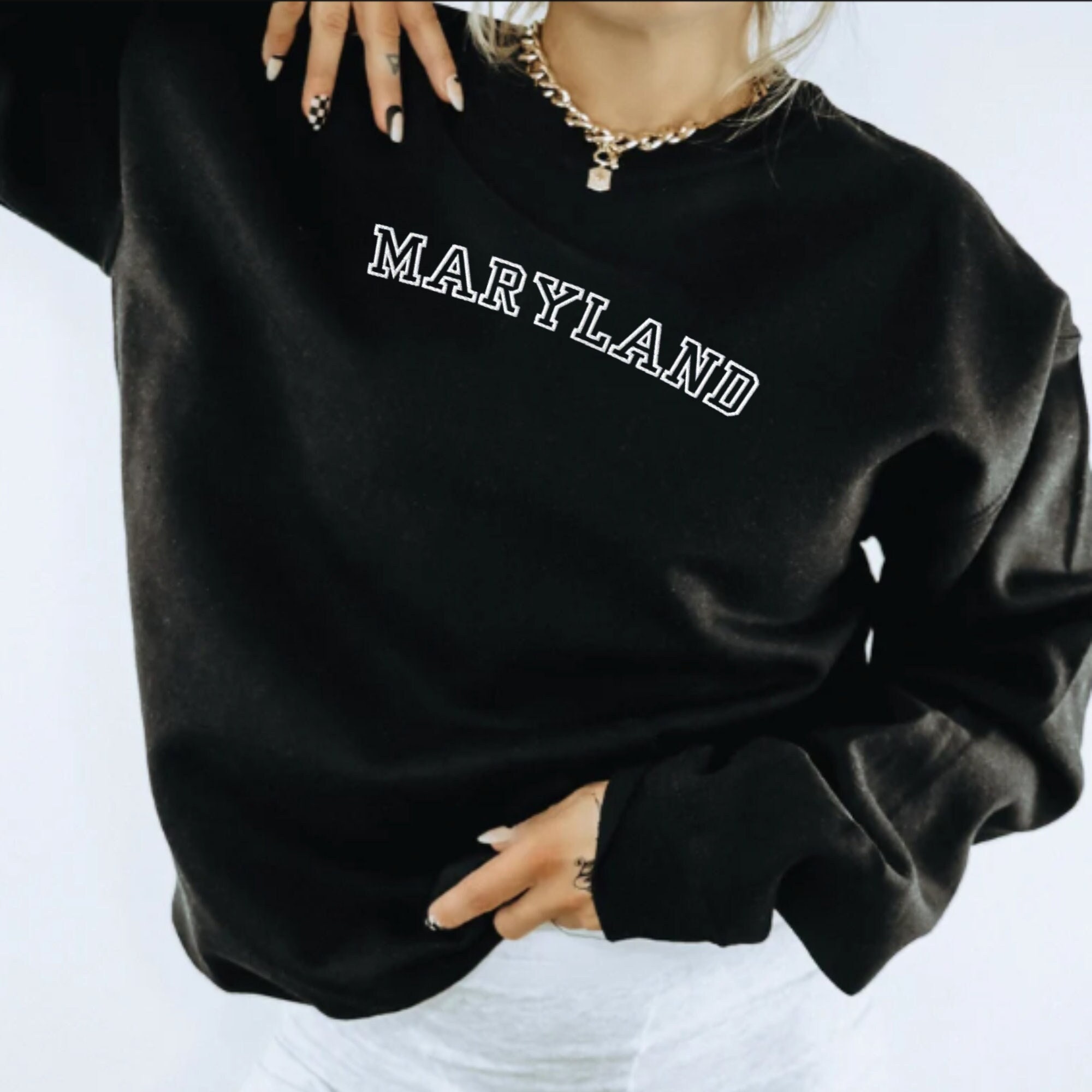 【MODERNIF】Maryland Lettering Sweatshirt Embroidered Maryland Sweatshirt, Embroidered Maryland