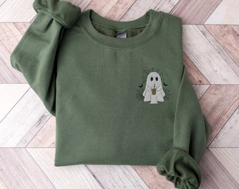 Sudadera fantasma bordada, Café fantasma bordado, Suéter fantasma, Fantasma con café, Cuello redondo de Halloween bordado, Suéter de Halloween