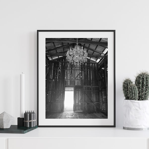 Rustic Barn Photograph, Old Wooden Barn, Chandelier, Soda Rock Winery, Sonoma County Wine Country, Black and White Wall Art