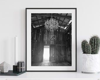 Rustic Barn Photograph, Old Wooden Barn, Chandelier, Soda Rock Winery, Sonoma County Wine Country, Black and White Wall Art