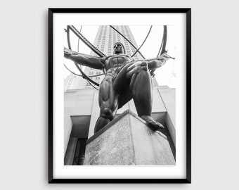 Atlas Statue, Rockefeller Plaza, New York City Photography, Black and White Print, Fifth Avenue, Midtown Manhattan