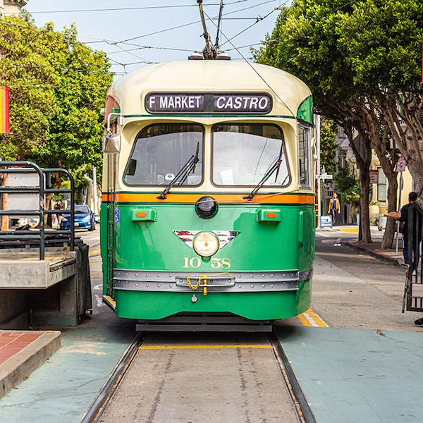 Trolley Car Print, Castro District, San Francisco Photography, Vintage Trolley Car, Urban Wall Art, Market Street, Rainbow Flags