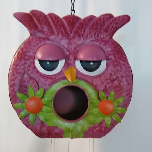 Pink Owl Birdhouse  Flatware Windchime