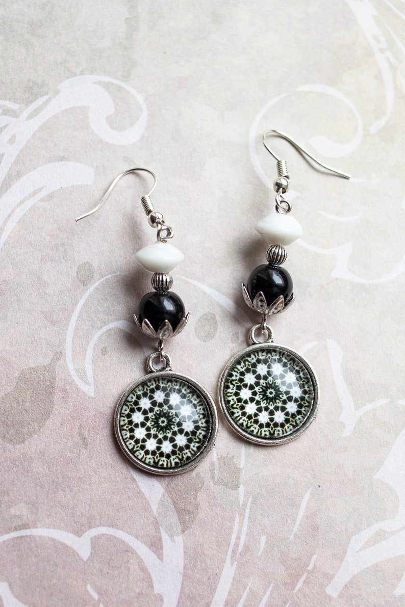 Mandala cabochon earrings black white silver