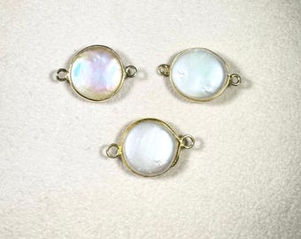 Natural Pearl bezel connector, 14mm round shape gold plated double bail link connector