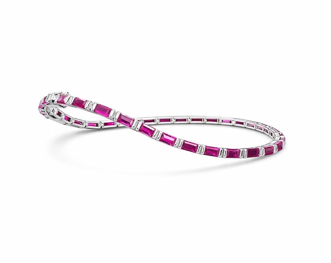 Ruby Tennis Bracelet, 14K White Gold Baguette Bracelet, Red Ruby Line Bracelet, July Birthstone, Luxury Bracelet Gift