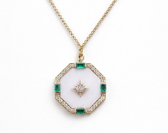 Pink Opal Necklace, 18K Gold Octagon Pendant, Opal Diamond Emerald Necklace, October Birthstone, Statement Necklace