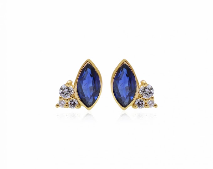 Blue Sapphire Stud Earrings, 14K Gold Marquise Studs, Sapphire Diamond Earrings, September Birthstone, Screw Back Earrings