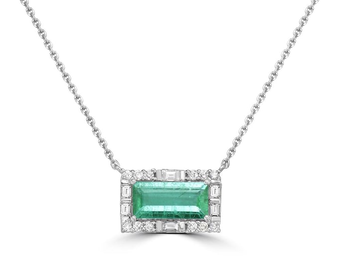 Emerald Pendant Necklace, 18K White Gold Halo Necklace, Emerald Diamond Pendant, May Birthstone, Green Gemstone Gift